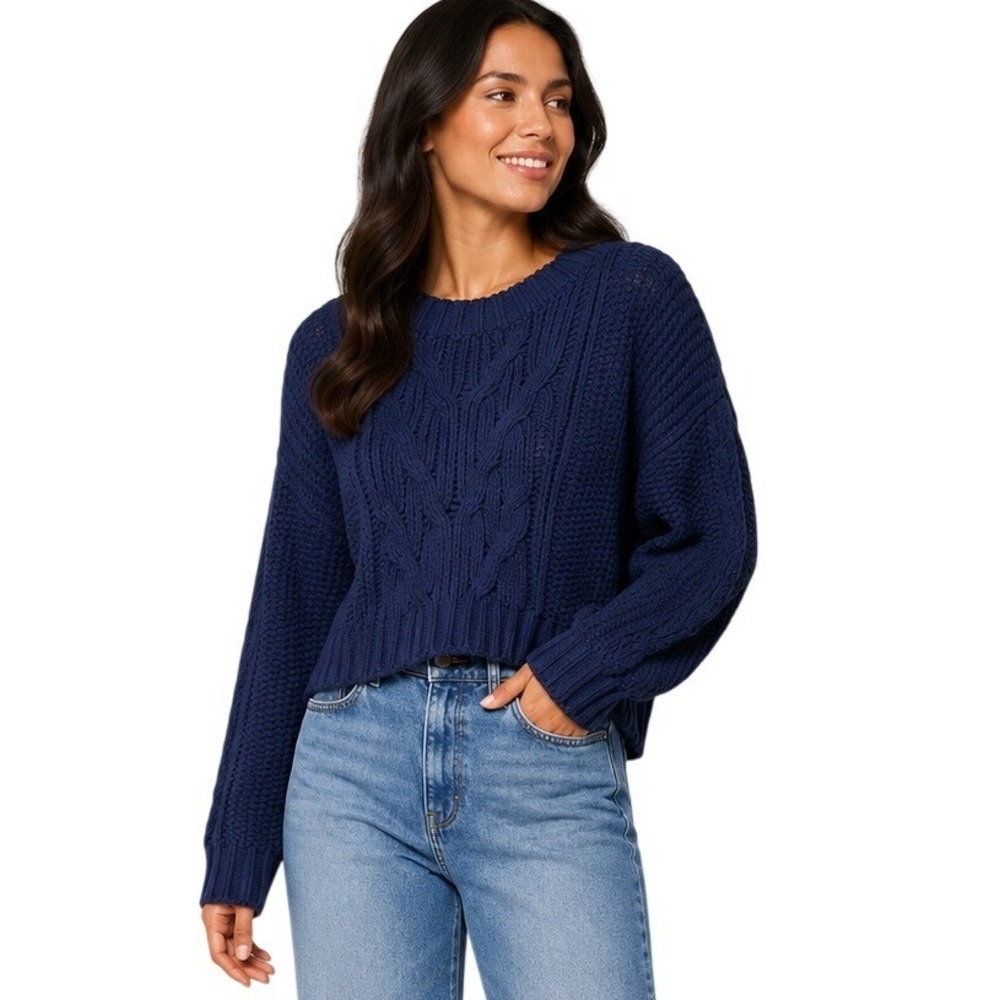 LA Hearts Cable Knit Sweater Womens M Navy Blue Cropped Chenille Chunky Pullover